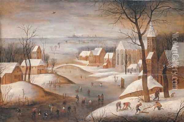 A wooded winter river landscape with a town, skaters and woodchoppers, another town beyond Oil Painting - Abel Grimmer