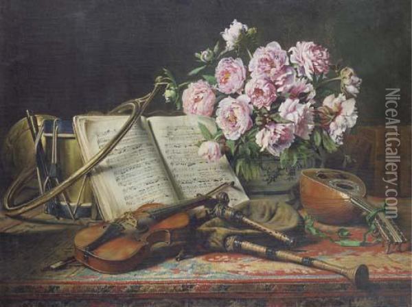 A Still Life With Mandolin Oil Painting - Charles Antoine Joseph Loyeux