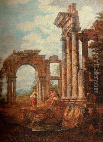 Roman Ruins With Soldiers Oil Painting - Giovanni Paolo Panini
