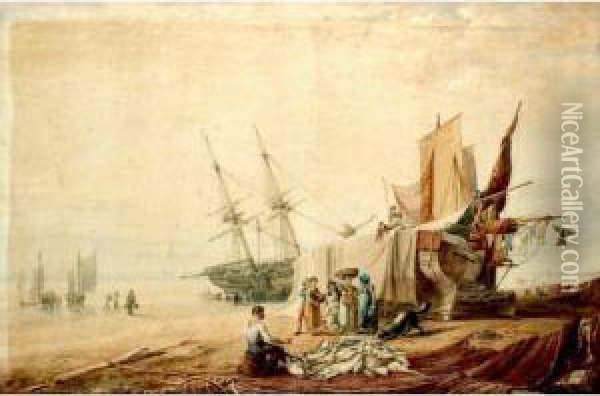 Figures Unloading Boats On The Shore Oil Painting - William Henry Pyne