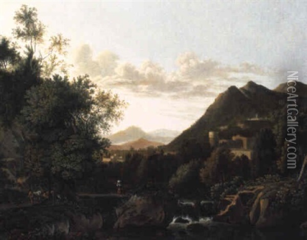 Cascade Dans Un Paysage Italianisant Oil Painting - Arien Ocker