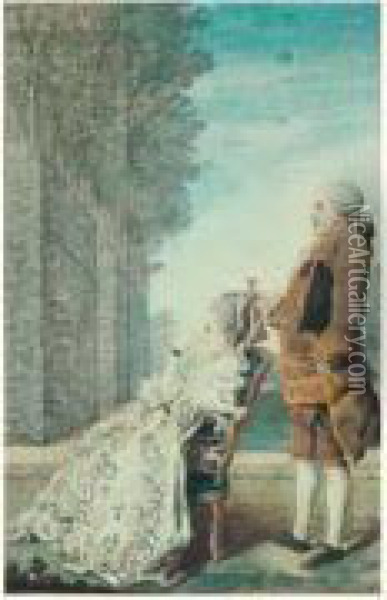 Portrait De La Comtesse De 
Lenoncourt, Nee Clairon D'haussonville, Avec Un Homme Debout Derriere 
Elle Oil Painting - Louis Carrogis Carmontelle