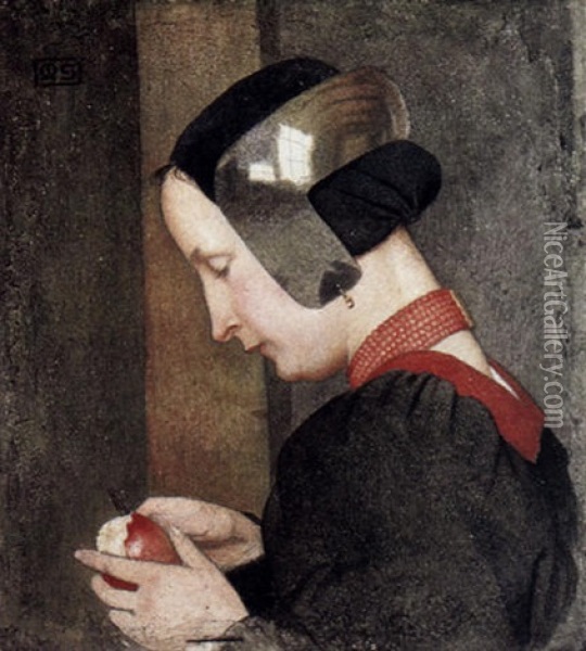 A Portrait Of A Lady Peeling An Apple Oil Painting - Marianne (Preindlsberger) Stokes