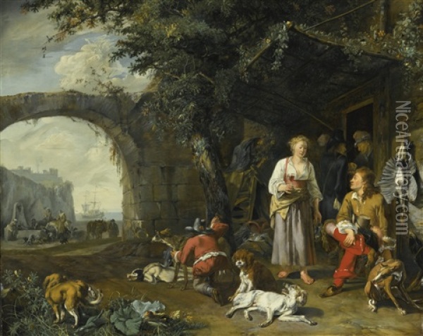 Sportsman Offered Refreshment Outside An Inn While His Dogs Rest After The Hunt Oil Painting - Abraham Danielsz Hondius