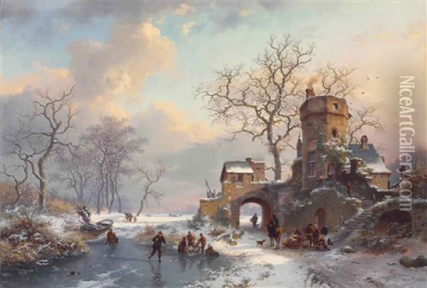 Winter Landscape With Figures On The Ice Oil Painting - Frederik Marinus Kruseman