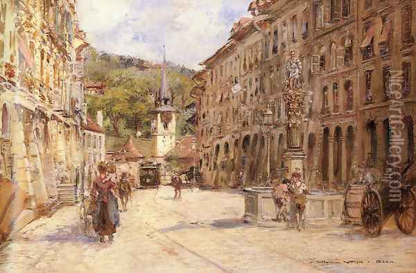 A Street Scene in Bern Oil Painting - Georges Stein