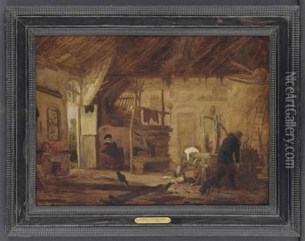 A Barn Interior With A Maid Milking Cattle, And A Peasant Oil Painting - Egbert Lievensz van der Poel