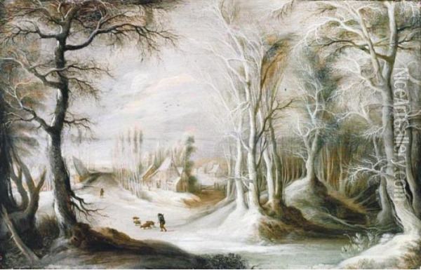 A Winter Landscape With A 
Peasant Walking Through Snow, A Small Village In The Background Oil Painting - Gijsbrecht Leytens