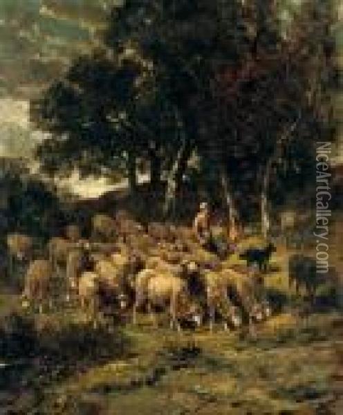 A Shepherdess And Her Flock Oil Painting - Charles Emile Jacque