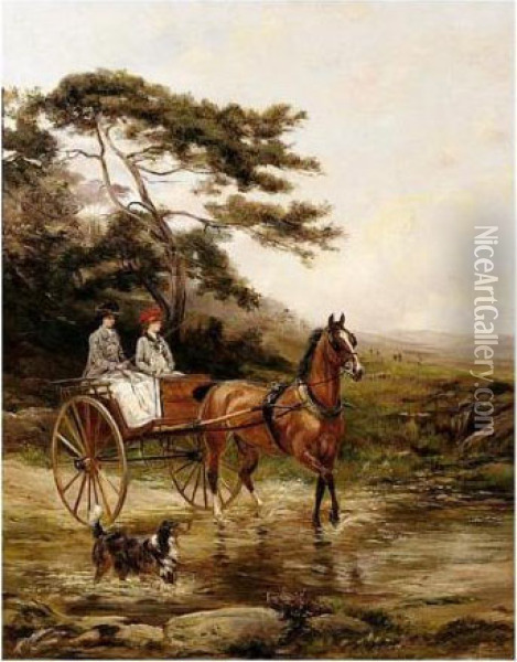 Two Ladies Crossing A Woodland Stream In A Gig Oil Painting - Heywood Hardy