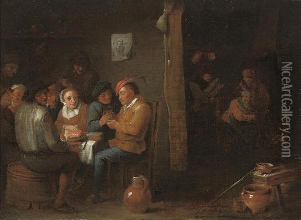 Peasants Drinking In A Tavern Interior Oil Painting - David The Younger Teniers