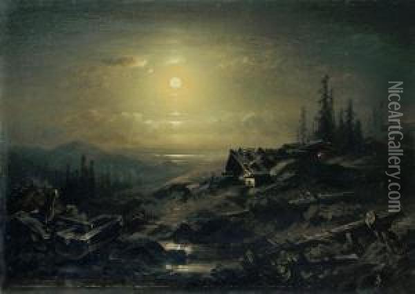 Nachtliche Gebirgslandschaft Oil Painting - August Seidel