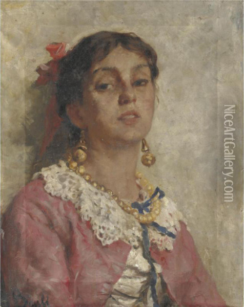 Fanciulla Col Fiocco Rosso Oil Painting - Gioacchino Banfi