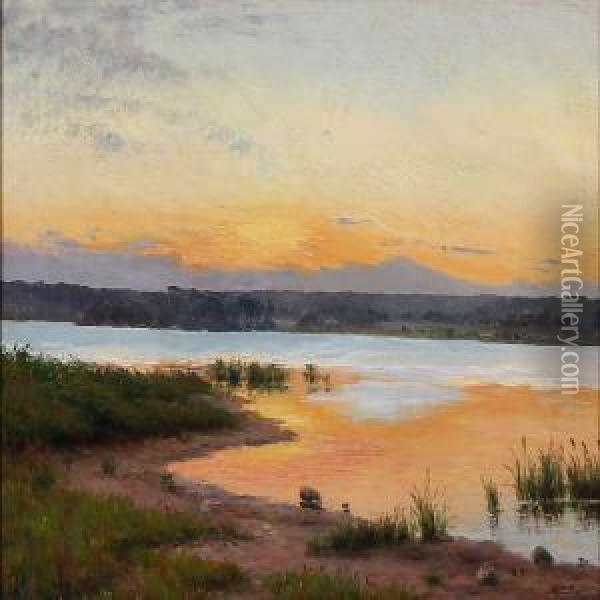 Fiord Landscape At Sunset Oil Painting - Emma Eleonora Meyer