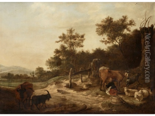 Landschaft Mit Viehherde Und Melkender Bauerin Oil Painting - Adriaen Van De Velde