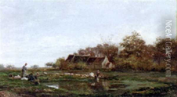 Washerwomen By The Stream Oil Painting - Jules Charles Rozier