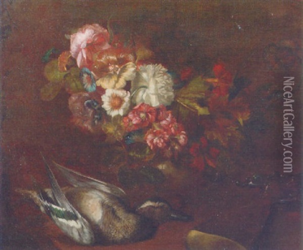 Flowers, A Dead Duck And A Shotgun On A Forest Floor Oil Painting - Pieter Hardime
