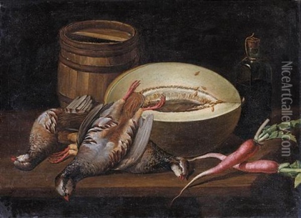 Still Life With A Melon, Radishes, Partridges, A Small Barrel And A Bottle Of Wine On A Wooden Table Oil Painting - Jose Lopez Enguidanos