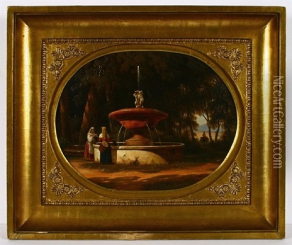 Brunnenanlage Vor Italienischer Waldlandschaft Mit Ausblick Auf Die Campagna Romana Oil Painting - Julius Edward W. Helfft