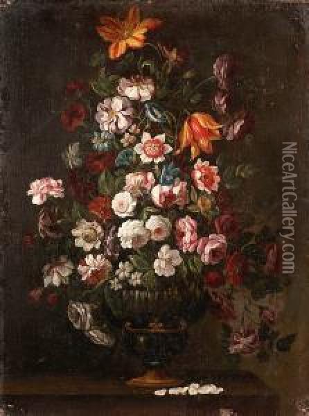 An Iris, Tulips, Roses, 
Carnations And Other Flowers In A Gilt Bronze Vase On A Tabletop; And 
Tulips, Roses, Peonies, Morning Glory And Other Flowers In A Gilt Bronze
 Vase On A Table Top Oil Painting - Giovanni Stanchi