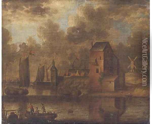 A riverside town with shipping Oil Painting - Peter van den Velde