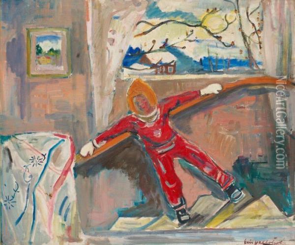 Boy In Red Overall Oil Painting - Eric Hallstrom