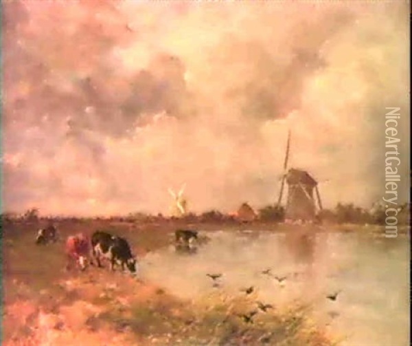 A Polderlandscape With Watering Cows, Windmills And         A Village In The Distance Oil Painting - Willem Roelofs