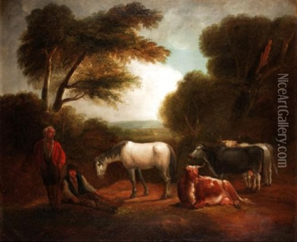 Figures With Cattle And A Horse Oil Painting - Thomas Barker