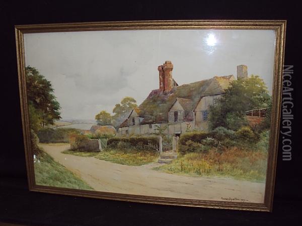 Old Cottages At Eashing Village, Neargodalming Oil Painting - George Oyston
