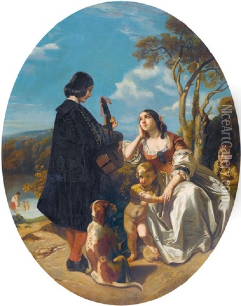 Sudliche Uferlandschaft Mit Musikanten Und Junger Frau Oil Painting - Camille Joseph Etienne Roqueplan