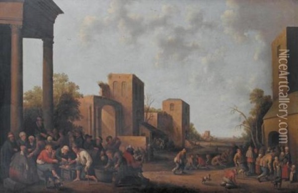 A View Of A Village With Beggars Receiving Alms Outside A Convent And Others Making Merry By A Ruin To The Left Oil Painting - Joost Cornelisz. Droochsloot