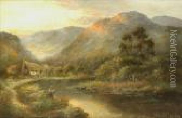 Evening Sunlight,angler In A Mountain Landscape Oil Painting - William Langley