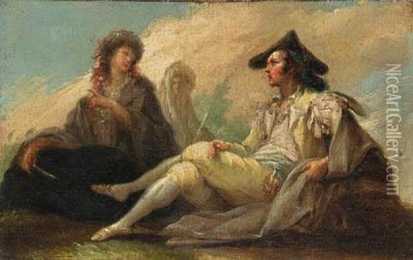 A Youth Seated With A Basket; And A Seated Majo And Maja Inconversation Oil Painting - Ramon Bayeu Y Subias