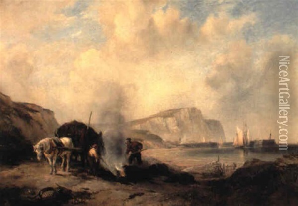 Figures Burning Seaweed On The Beach With A Harbor And Cliffs Beyond Oil Painting - Edward William Cooke