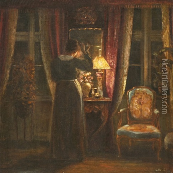 Woman In Front Of The Mirror Oil Painting - Carl Vilhelm Holsoe