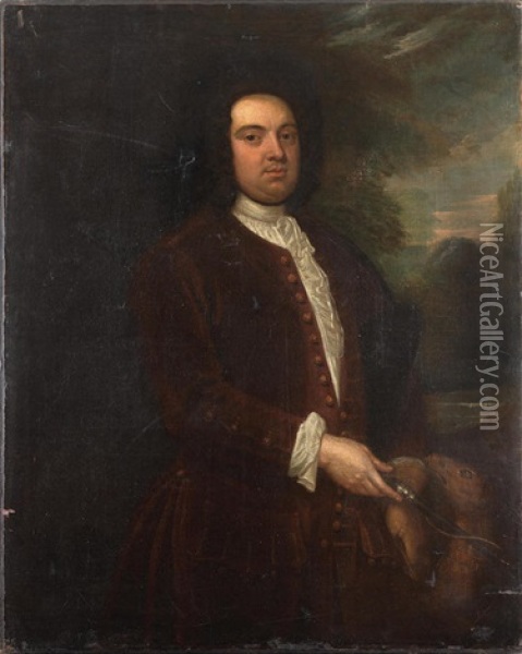 Portrait Of A Gentleman, Three-quarter-length, In A Red Coat, With His Dog Oil Painting - Godfrey Kneller
