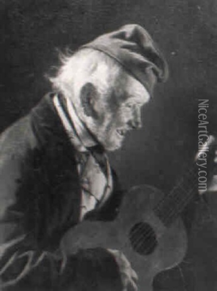 Ein Alter Musikant Spielt Gitarre Und Singt Dazu Oil Painting - Carl Kronberger