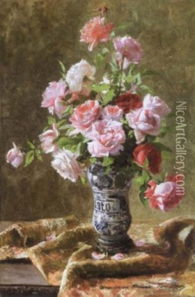 Pink Roses In Full Bloom Oil Painting - Henri Biva