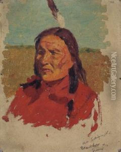 A Sioux Indian Oil Painting - Charles Schreyvogel