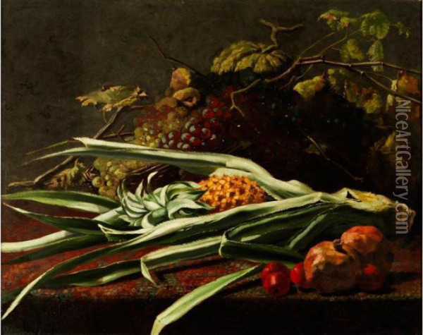 Fruchtestilleben Mit Ananas, Trauben, Apfeln Und Grantapfeln Oil Painting - Frans Mortelmans