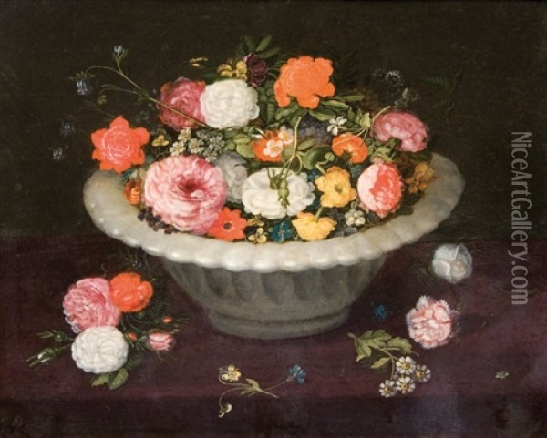 Coupe De Fleurs Et Jetee De Fleurs Sur Un Entablement Oil Painting - Ambrosius Brueghel