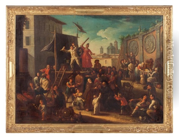 Scena Di Mercato Con Commedia Dell'arte Oil Painting - Giovanni Michele Graneri