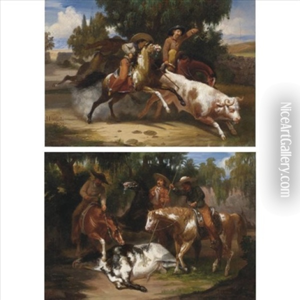 Lanceando Un Toro (+ La Muerte Del Toro, 1863; Pair) Oil Painting - Juan Urruchi