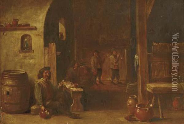 Boors Drinking And Smoking In An Inn Oil Painting - David The Younger Teniers