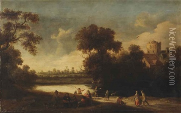 A Wooded Landscape With Figures Resting And Fishing Near A Lake Oil Painting - Joost Cornelisz. Droochsloot