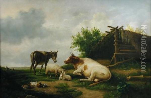 Cattle, Sheep, A Donkey And Ducks In A Pastoral Landscape Oil Painting - Edwin T. Lambert