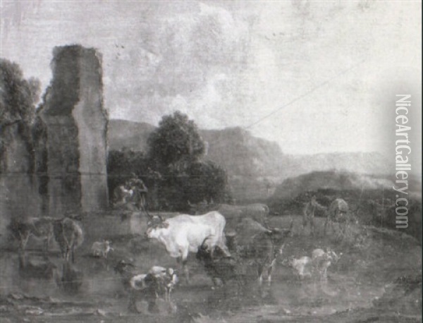 Figures And Farm Animals By Ruins In The Roman Campagna Oil Painting - Pieter Meulener