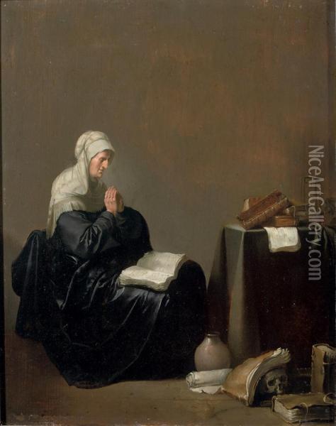 An Old Woman At Prayer With 'vanitas' Objects Nearby Oil Painting - Willem De Poorter