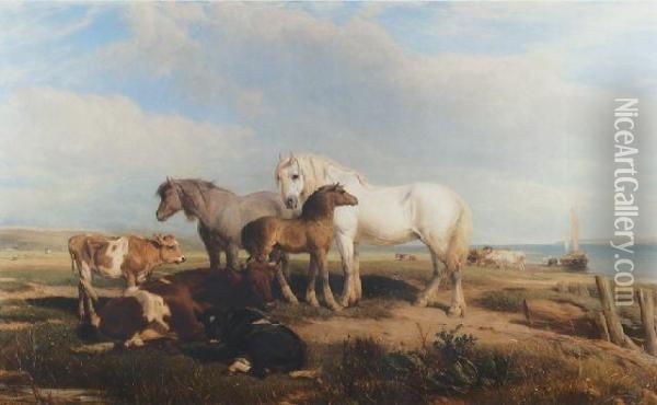 Horse And Cattle On The Shore Oil Painting - Henry Brittan Willis