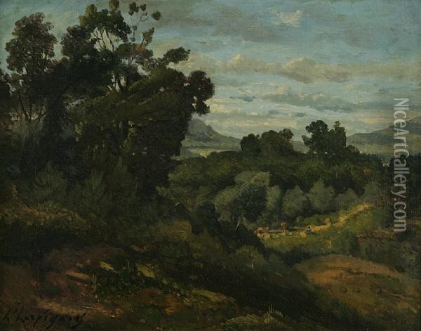 An Extensive Landscape With A Herdsman And His Cattle In The Distance Oil Painting - Henri-Joseph Harpignies